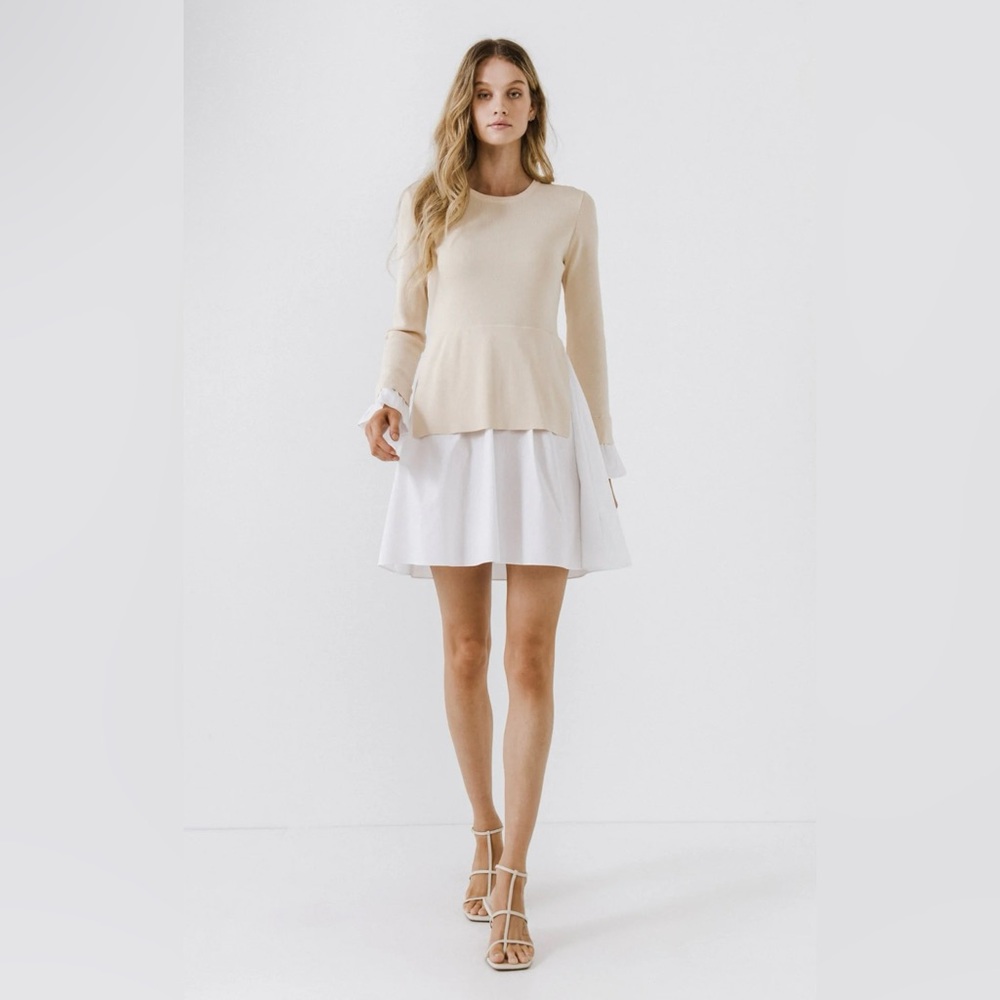 English Factory Beige Poplin Combo Knit Dress